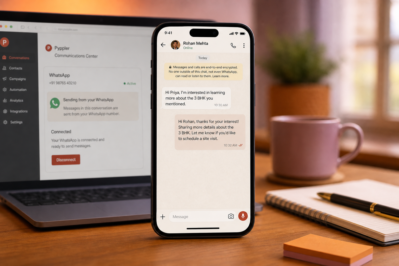 Outbound follow-up message leaving from a personal chat on phone, with Pyppler send queue on the laptop